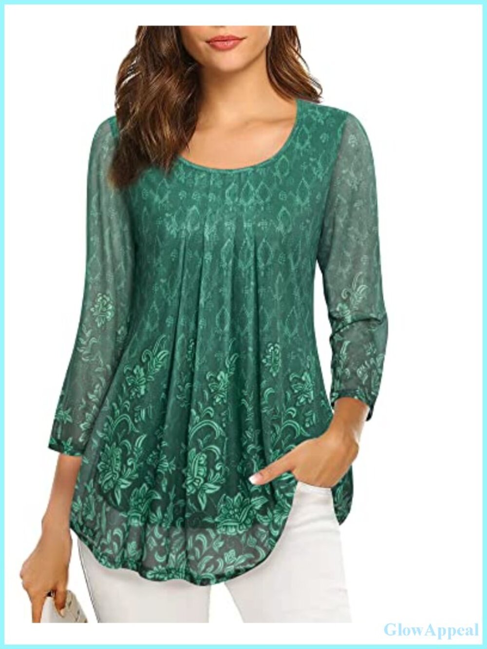 Women's 3/4 Sleeve Tunic Top Casual Loose Fit Mesh Pleated Layered Blouse